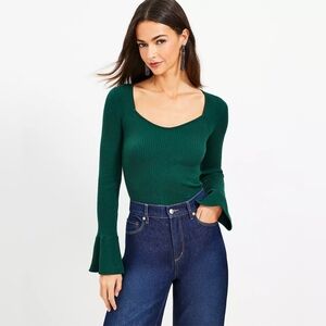 NWT - LOFT Deep Tropic Green Ribbed Sweetheart Neck Flare Cuff Sweater - Size XL